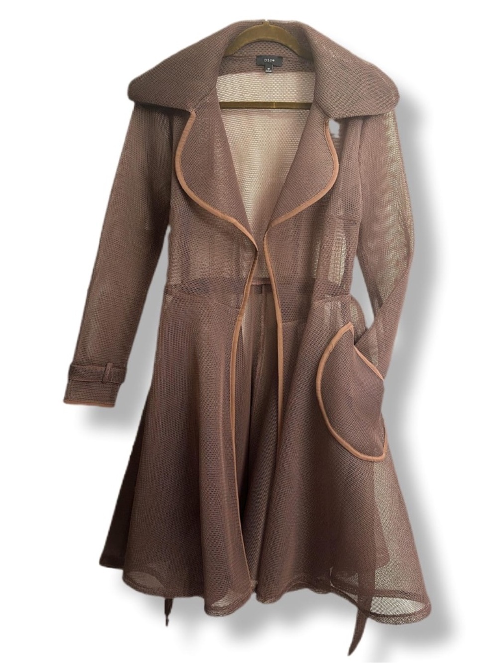 Brown Mesh Trench Coat – Belted Open Front Stretch | Women's Size: Medium - Picture 6 of 16